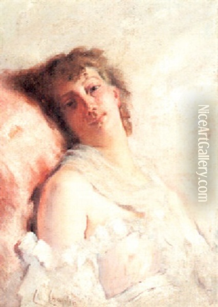 A Woman Reclining On A Pillow Oil Painting - Charles Joshua Chaplin