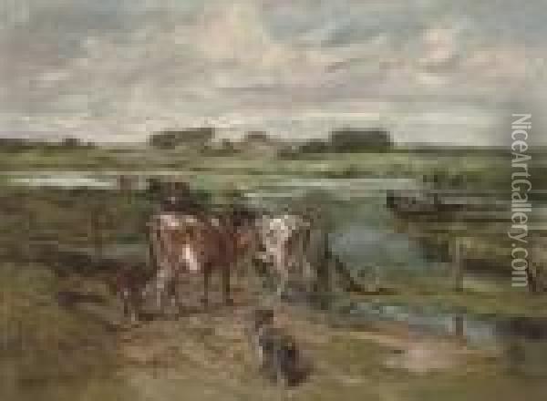 Herding The Cattle To New Pastures Oil Painting - John Emms
