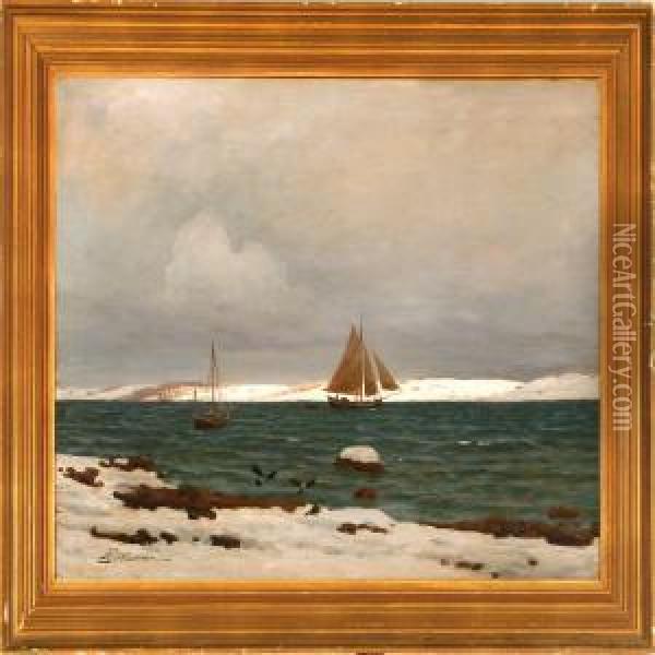 Winter Day With A Sailing Ships On Calm Water Oil Painting - Andreas Christian Riis Carstensen