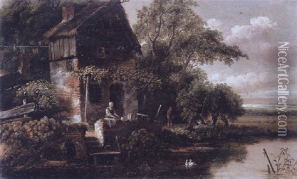 A Washerwoman And A Peasant Boy Outside A Cottage Beside A River With A Meadow And A Village On A Hill Beyond Oil Painting - Salomon Rombouts