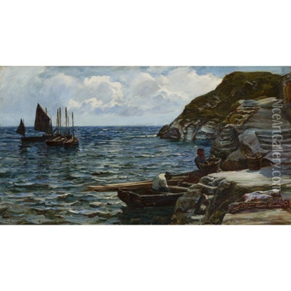 Fishing Boats Off The Coast Of Cornwall Oil Painting - Colin Hunter