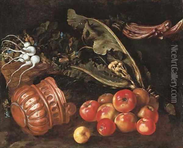 Turnips in a basket with cauliflower, cardoon, apples and a copper pot on a ledge Oil Painting - Giovanni Battista Ruoppolo