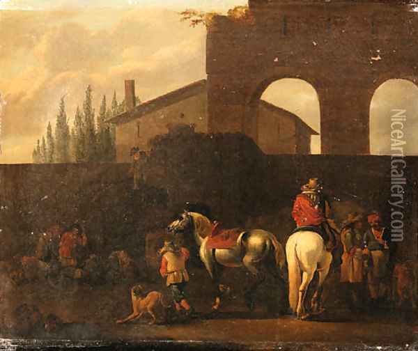 Huntsmen departing from the Courtyard of a Villa Oil Painting - Simon Johannes van Douw