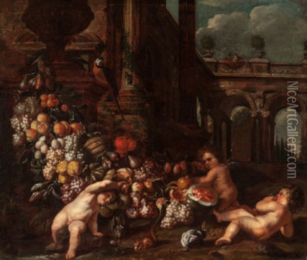 Classical Landscape With Putti And Garlands Oil Painting - Jan Pauwel Gillemans the Younger