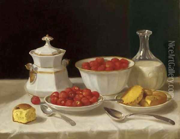 Strawberries, Cake and Cream Oil Painting - John F Francis