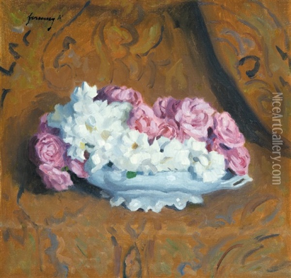 Pink And White Roses In A Bowl Oil Painting - Karoly Ferenczy