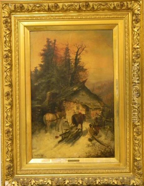 Winter Scene Withhorse Drawn Sled With Wood Near A Cottage And Figure Oil Painting - Lucien Whiting Powell
