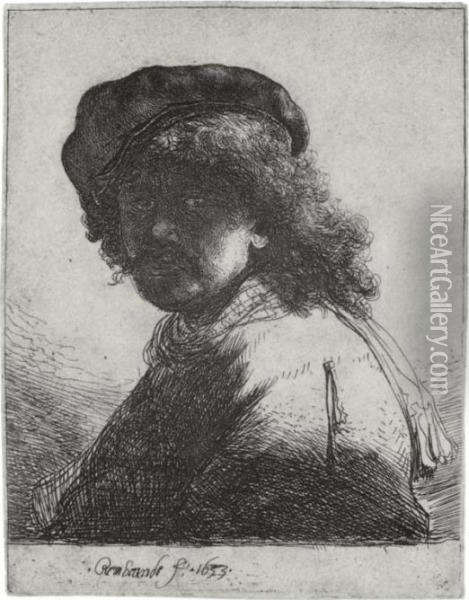 Self-portrait In A Cap And Scarf With The Face Dark (b., Holl. 17; H. 108; Bb. 33-g) Oil Painting - Rembrandt Van Rijn