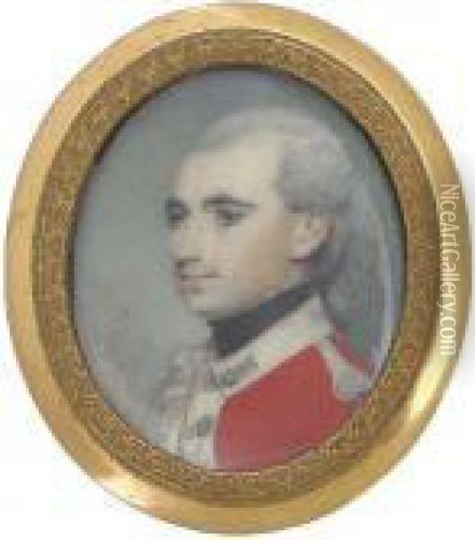 A Young Officer, Possibly 
Cavalry, In Scarlet Coat With Whitefacings, Silver Wing, His Powdered 
Hair En Queue Oil Painting - George Engleheart