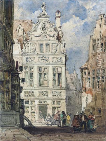 A Continental Street Scene Oil Painting - William Callow
