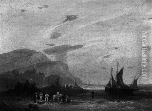 Figures On The Coast With Fishermem Unloading Their         Catch Oil Painting - Frederick Calvert