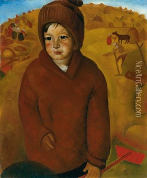 Boy At Harvest Time Oil Painting - Boris Dmitrievich Grigoriev