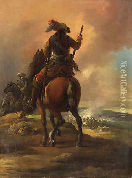 Cavalrymen on a Bluff above a Battle Oil Painting - Francesco Giuseppe Casanova