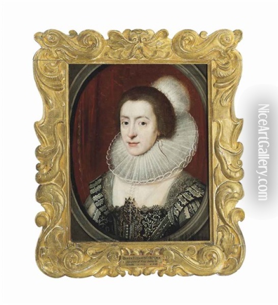 Portrait Of Elizabeth Stuart (1596-1662), Electress Palatine, Queen Of Bohemia, Bust-length, In A Black And White Embroidered Dress Encrusted With Jewels, Wearing A White Ruff And A Plumed Headdress, In A Sculpted Oval Oil Painting - Michiel Janszoon van Mierevelt