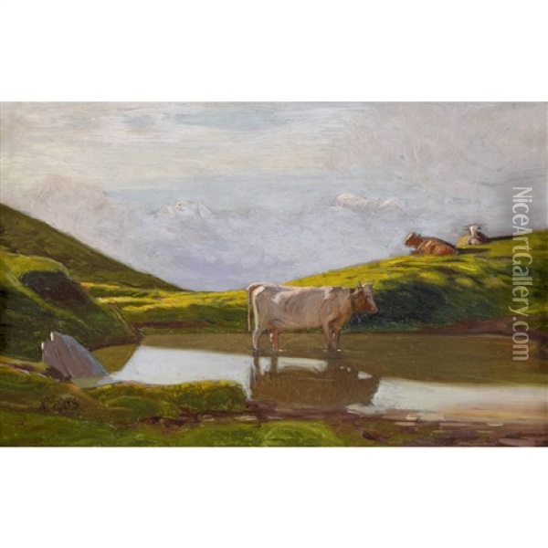 Bergsee Mit Kuhen Oil Painting - Albert Henri John Gos