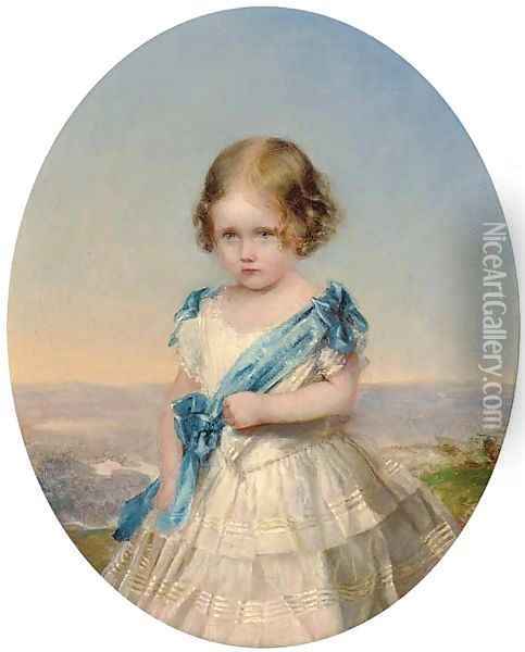 Portrait of young girl, three-quarter-length, in a white dress with blue sash, a landscape beyond Oil Painting - English School