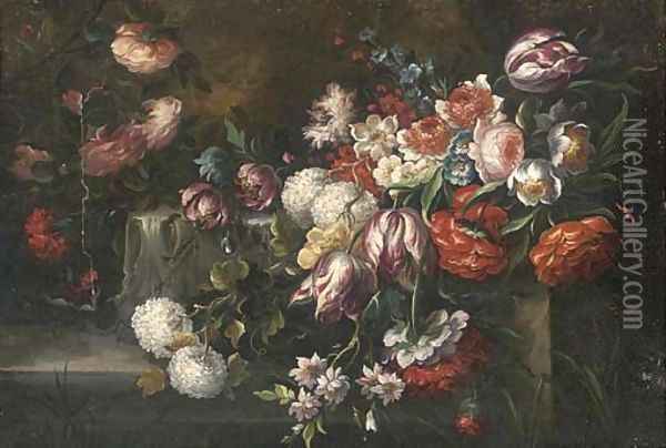 Roses, parrot tulips, morning glory and other flowers on a ledge Oil Painting - dei Fiori (Nuzzi) Mario