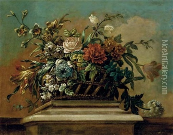 Roses, Tulips And Other Flowers In A Basket On A Ledge Oil Painting - Jean-Baptiste Belin de Fontenay the Elder