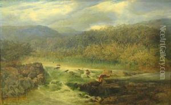 A River Landscape With An Artist Sketching On A Rock Mid-stream Oil Painting - Joseph Paul Pettitt