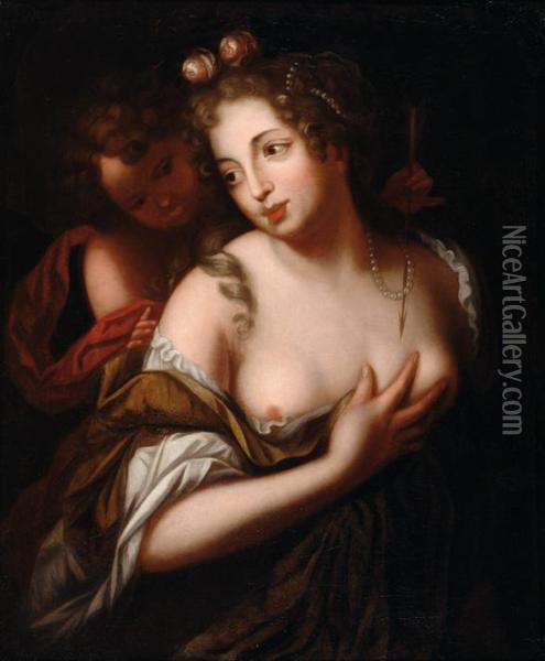 Venus And Amor Oil Painting - Caspar Netscher