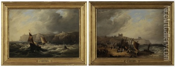Squall Off The Coast Of Dover (+ Fisher Folk On Shore, Dover; 2 Works) Oil Painting - Frederick Calvert