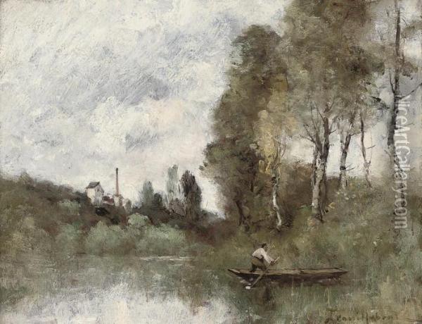A Fisherman On The River Oil Painting - Paul Trouillebert