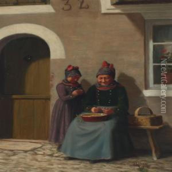 Mother And Daughter Shuking Peas Oil Painting - Peder Riber