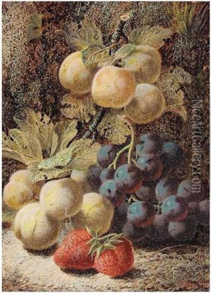 Still Life Of Plums, Grapes And Strawberries Oil Painting - Oliver Clare