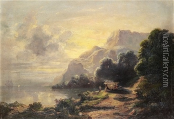 Kustlandskap Med Segelfartyg Vid Solnedgang Oil Painting -  Kong Carl XV