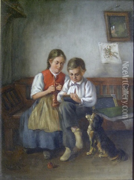 Girl And Boy With Dog Oil Painting - Ernst Immanuel Mueller