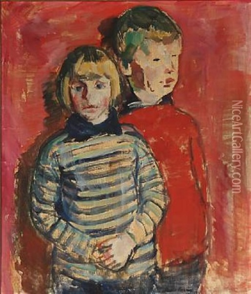 Portrait Of Two Children Oil Painting - Niels Hansen