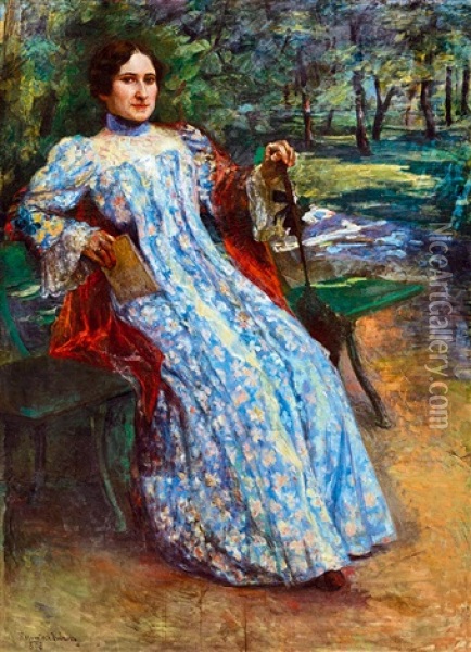 Woman In Blue Dress In The Park Oil Painting - Karoly Kernstok