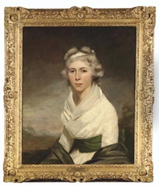 Portrait Of Mrs George Wood In A White Dress With A Green Sash And Black Shawl, In A Landscape Oil Painting - Sir Henry Raeburn