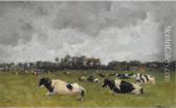 Cows At Pasture Oil Painting - Jan Hillebrand Wijsmuller