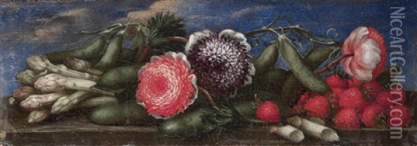 Stillleben Mit Blumen, Erdbeeren Und Spargel Oil Painting - Bartolommeo Ligozzi