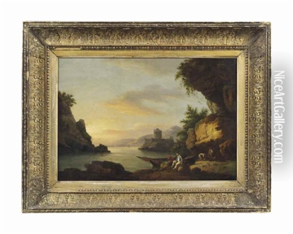 A River Landscape With Figures Conversing By A Beached Boat Oil Painting - Thomas Luny