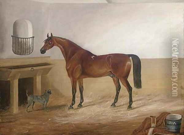 A bay hunter and a canine companion in a stable Oil Painting - Thomas Pain