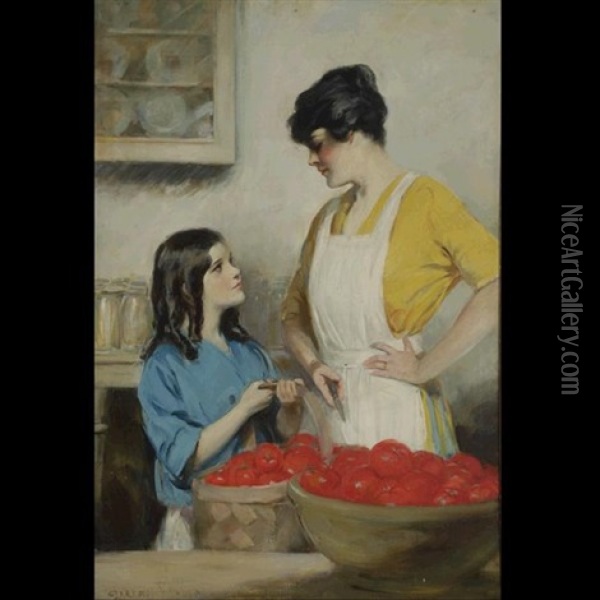 Mother And Daughter Peeling Tomatoes Oil Painting - Clarence Frederick Underwood
