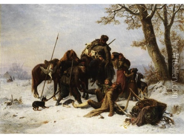 Plundernde Kosaken In Winterlandschaft Oil Painting - Karl Wilhelm Hahn