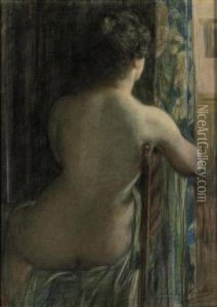 Naaktstudie: A Seated Nude Oil Painting - Nicolaas Van Der Waay
