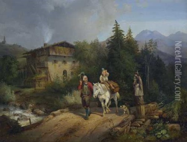 Tiroler Bauer Mit Seinem Auf Einem Pferd Sitzenden Sohn Auf Der Brucke Oil Painting - Heinrich Marr