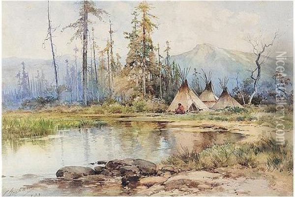 Native American Indians Camped By A River Oil Painting - Charles S. Graham