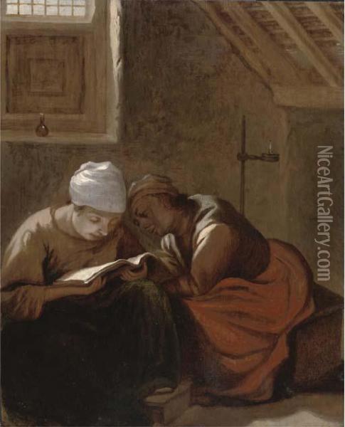 Two Women Reading In An Interior Oil Painting - Harmen Fransz. Hals