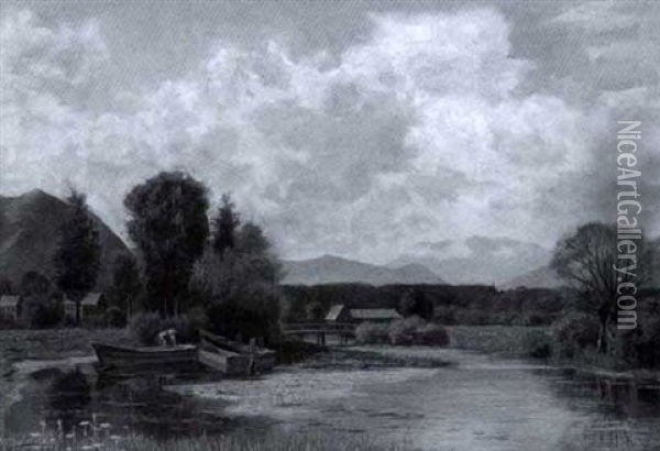 Vorgebirgslandschaft Mit Booten Am Ufer Eines Kleinen Flusses Oil Painting - Theodor Graetz