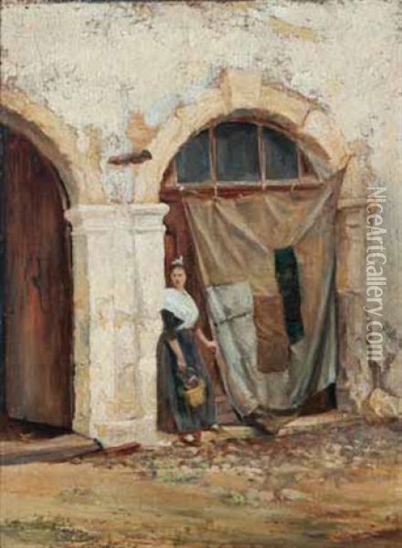 Femme En Habit Provencal Dans Une Ruelle Oil Painting - Theophile Henri Mayan