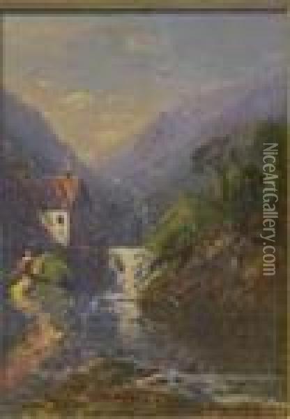 Mountain Cottage By A Waterfall Oil Painting - Edmund Darch Lewis