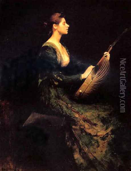 Lady with a Lute Oil Painting - Thomas Wilmer Dewing