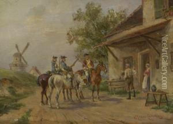 Berittene Soldaten Vor Einem Bauernhaus Oil Painting - Ludwig Muller-Cornelius