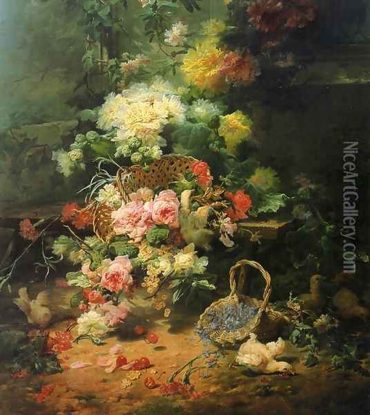 Still Life with Flowers and Playful Chicks Oil Painting - Eugene Bidau