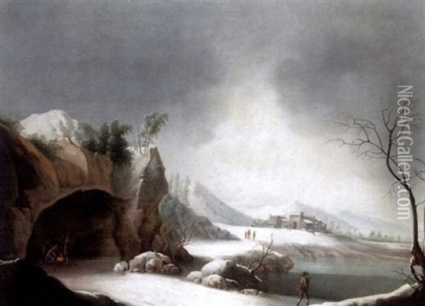 A Winter Landscape With Three Men Warming Themselves Beside A Fire In A Cave And Other Figures Beside A Lake Oil Painting - Jules Cesar Denis van Loo